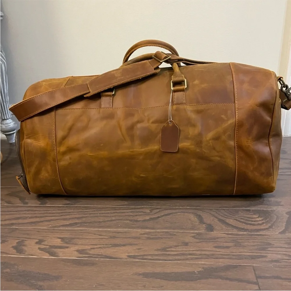 COGNAC LEATHER WEEKEND TRAVEL DUFFLE BAG LARGE